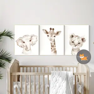 3pcs Nursery Wall Art - Animals Elephant Giraffe Leopard - Gender Neutral Canvas Painting Wall Art Decor - For Baby Nurseries -  Suitable for New Year & Eid Al-Adha - Perfect Gift for New Parents