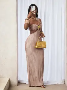 Champagne Gold Pleated Halter Dress, Starfish Decor Bodycon Mermaid Tail Skirt, Slimming Sexy Formal Party Gown for Holidays and Events