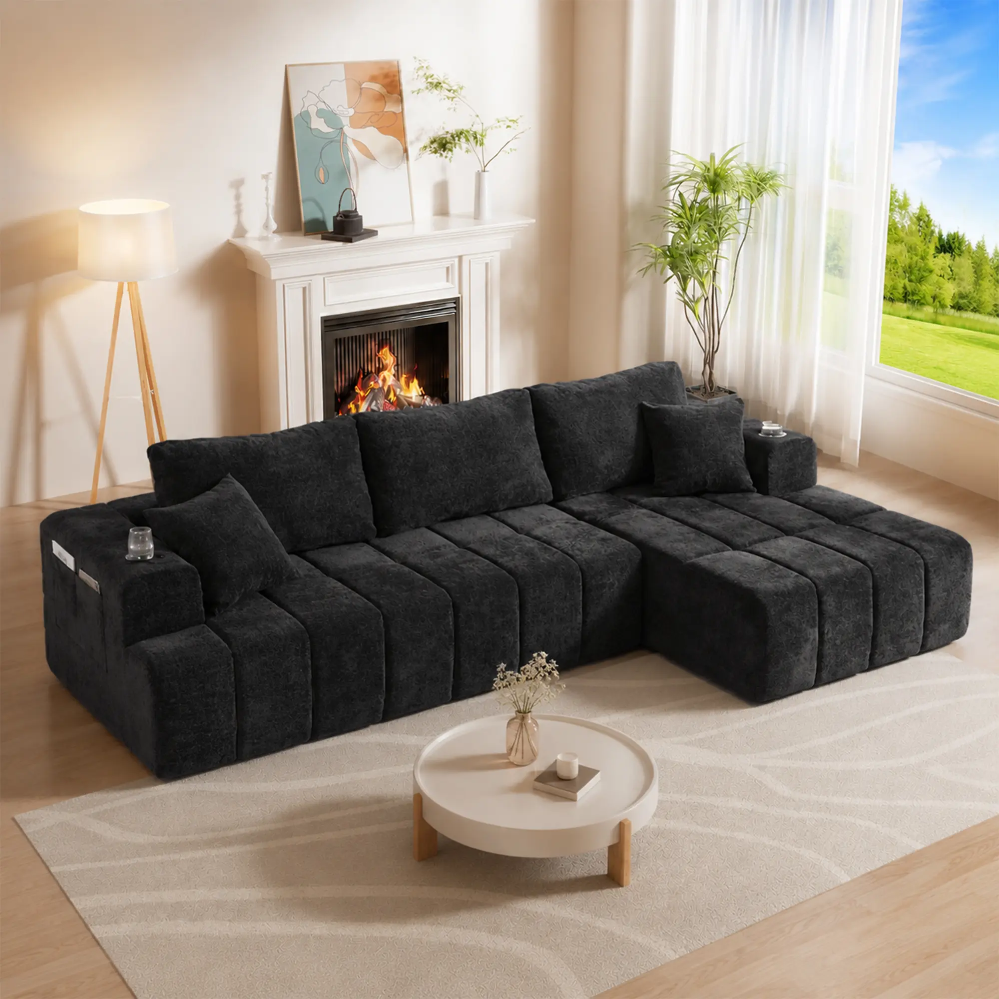 【2 Packages Shipping】108" Cloud L-Shaped Chenille Sectional Sofa, No Assembly Boneless Compression Couch with Chaise, Cup Holders & Side Pockets, Modern Upholstered Sofa for Living Room