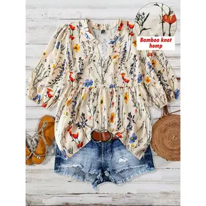 Women's Floral Print Puff Sleeve Casual Vacation Shirt