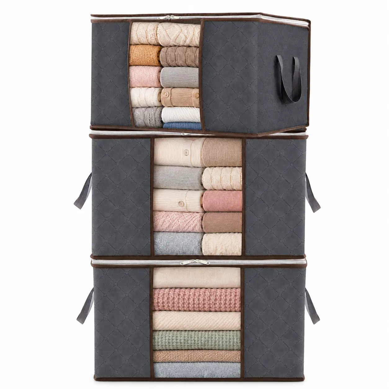 UNIQDESIGN 3 Pack 60L Foldable Clothes Storage Bins with Lids, Zippers, Clear Window & Reinforced Handles, Travel Closet Organizer Bags
