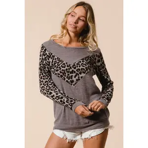 BiBi Sweater Knit Top With Leopard V Shape Block