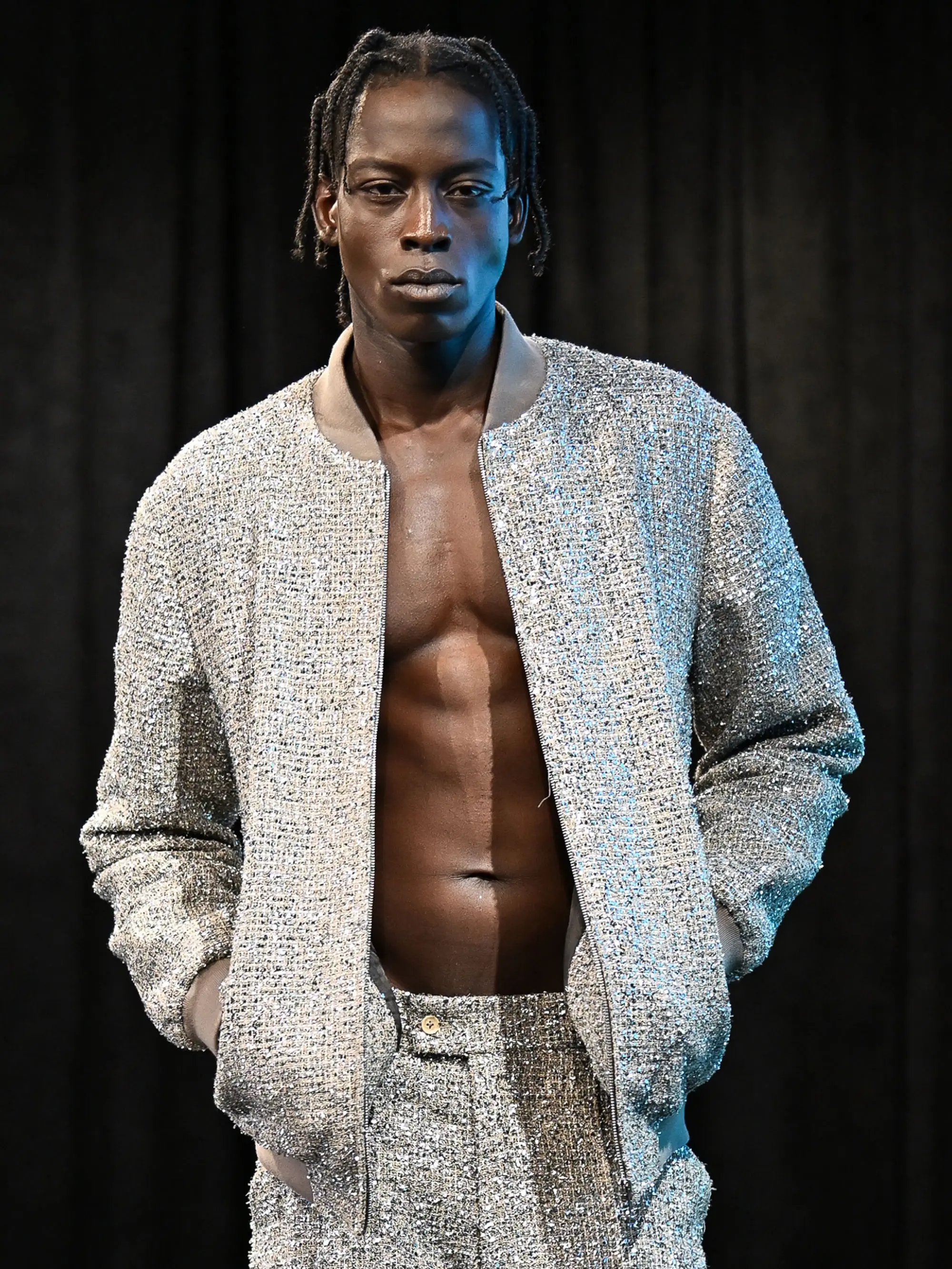 SilverStar Men's Bomber Jacket - Reflective Metallic Tweed with Lurex Fiber & Sequins
