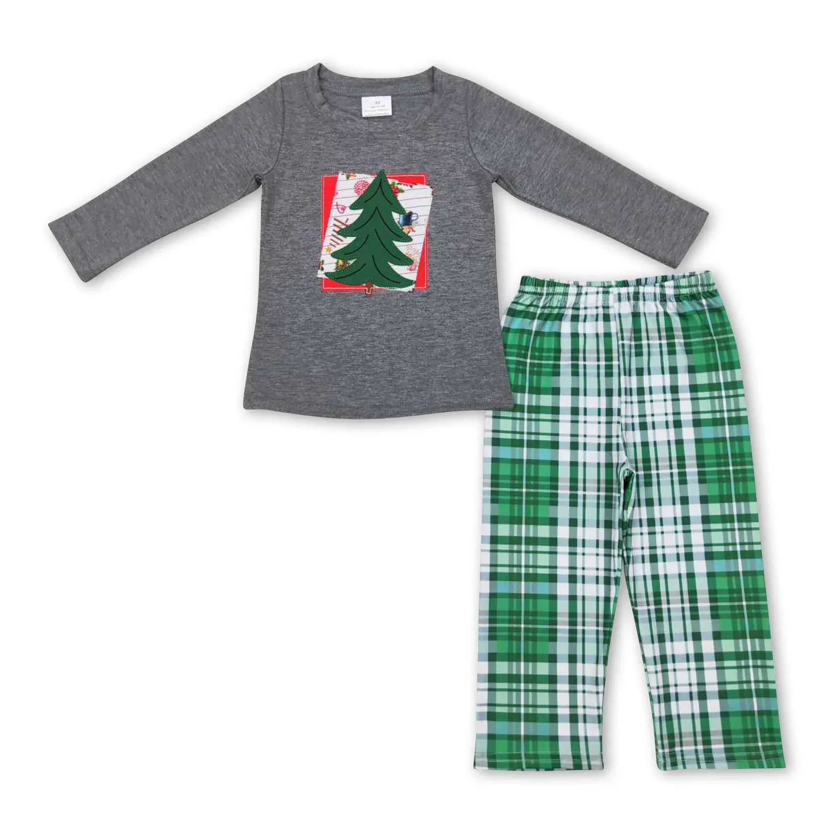 Boys' 2-Piece Christmas Pajama Set, Soft Long Sleeve Top with Embroidered Tree and Grey Plaid Pants, Holiday Outfit for Kids 0-8T