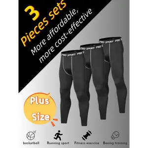 3pcs Plus Size Men's Quick-Dry, Breathable Compression Leggings - High Stretch Athletic Tights for Running & Training, Workout Leggings, PLUS SIZE