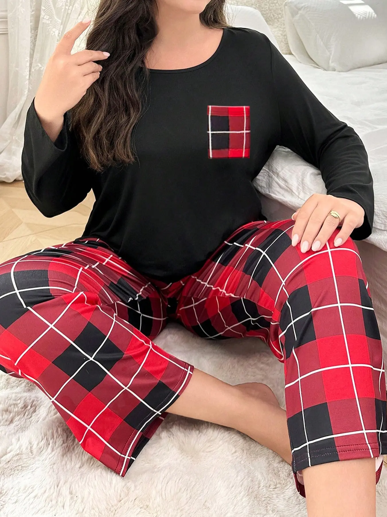 Red Plaid Women's Plus Size Pajamas Autumn Winter New Simple Casual Loose Can Wear Out Long Sleeve Homewear Set