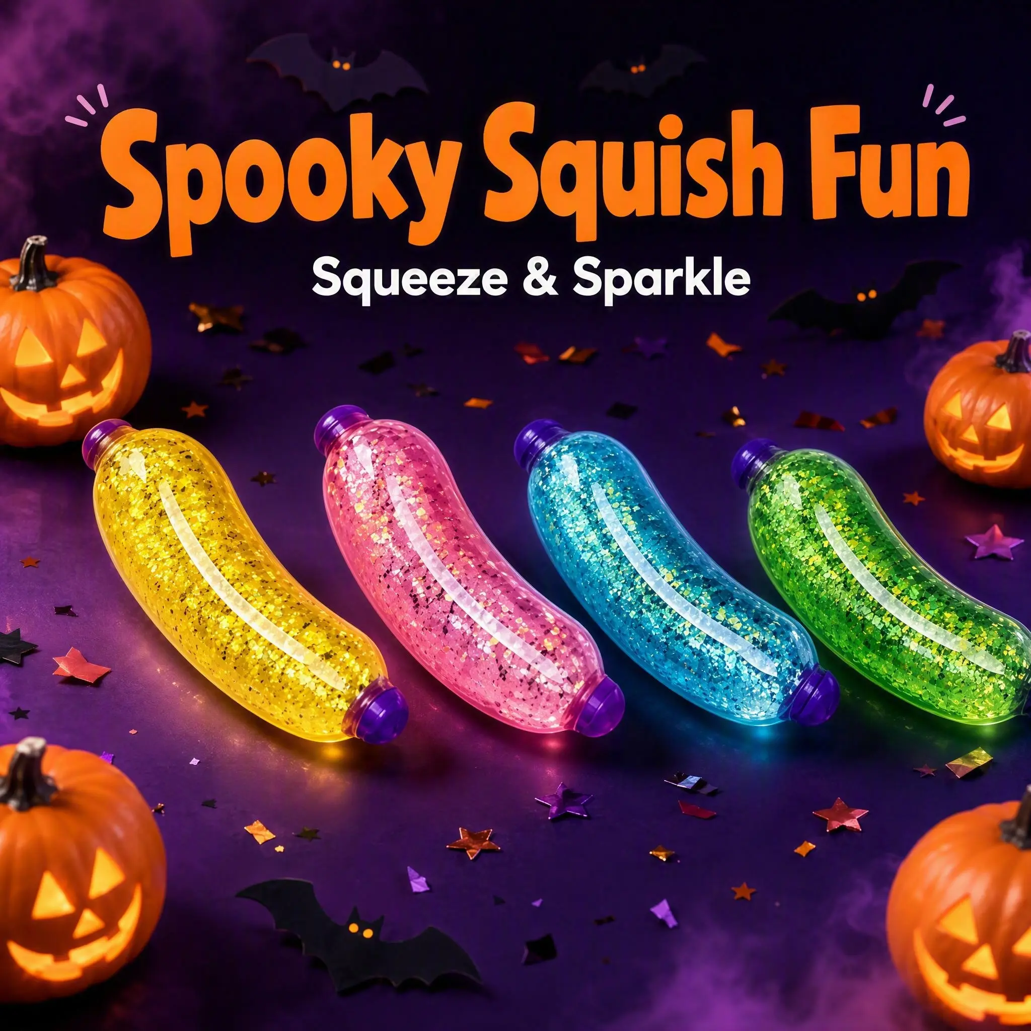 KIDGENIUS Halloween Glitter Jelly Banana Fidget Toy - New Squishy Stretchy Stress Relief Sensory Toy for Kids & Adults, Colorful Sparkle Banana Squeeze Party Favor Trick-or-Treat Gag Gift