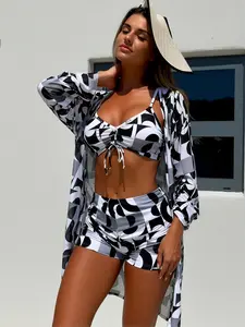 Curvvvy Womens 3 Pieces Bikini Set Swimsuit Tropical Beach Cover up Kimono Swimwear Bathing Suit with Boy Shorts