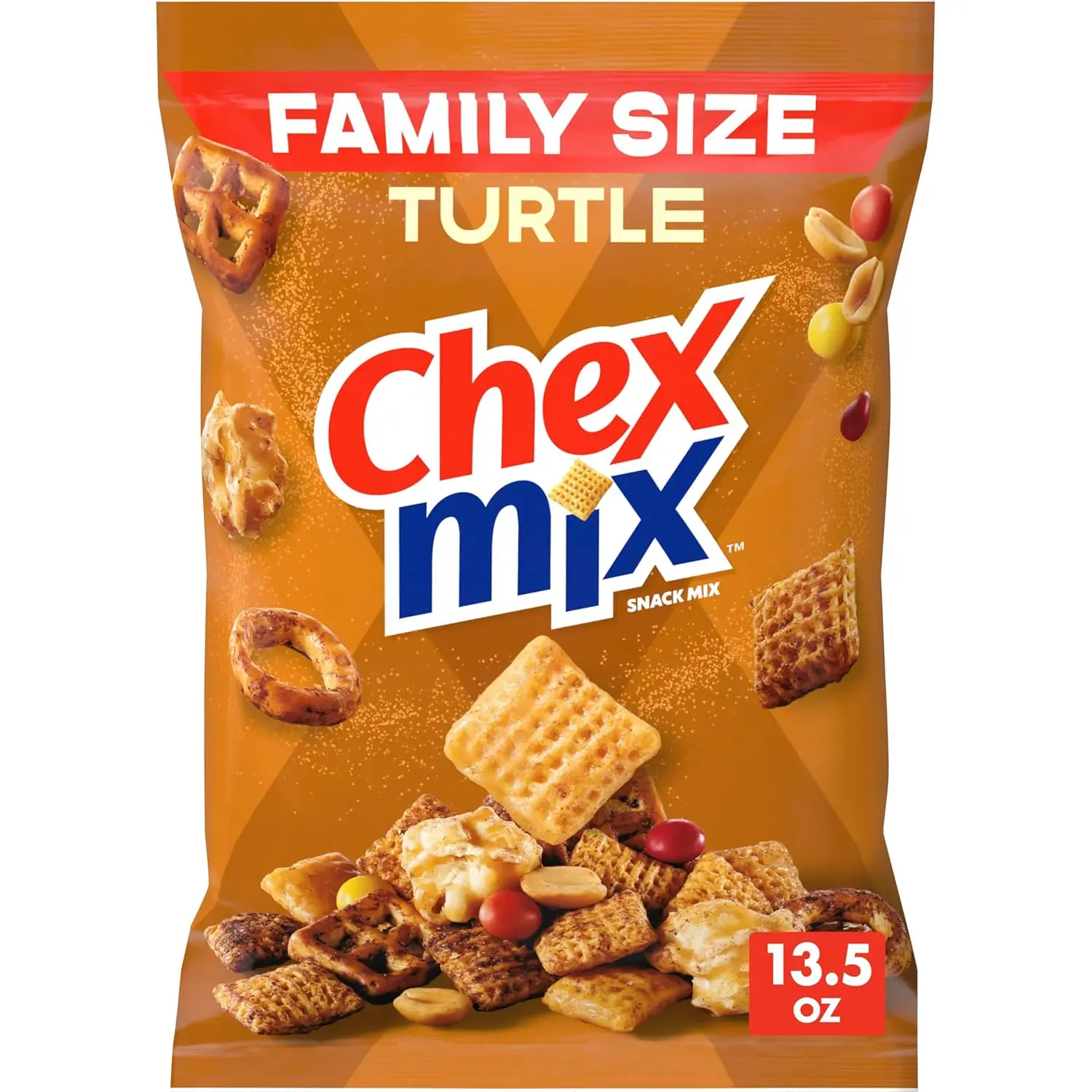 Chex Mix Turtle Snack Mix, Family Size, 13.5 oz | Corn, Caramel & Cocoa Chex, Pretzels, Caramel Popcorn, Chocolatey Pieces, Peanuts, 50% Less Fat than Potato Chips