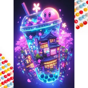 5D DIY Full Drill Round Diamond Painting - Diamond Art Kit Dream City, Bubble Tea, Cartoon. Mosaic, Canvas - DIY Decorative Painting, Home Wall Decor, Perfect for Halloween and Christmas, Independence Day, Birthdays, and Anniversary Gifts.