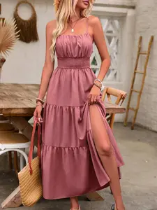 Women's Spaghetti Strap Tiered Maxi Dress, Square Neck Shirred Waist, Adjustable Straps, Side Slit Hem, Lightweight Woven Fabric, Daily Casual Summer Vacation Beach Brunch Party Wear