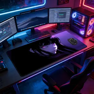 Neon Purple Dark Anime Girl Large Extended Gaming Mouse Pad, Non-Slip Rubber Base Stitched Lock Edge Desk Mat, Mysterious Aesthetic Artistic Design Desk Pad, Durable Computer Accessory for Home Office & Gaming Setup, Ideal Gift for Gamers & Gothic Anime