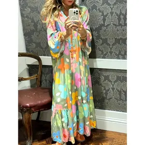 Women's Bohemian Floral Print Maxi Dress - V-Neck Button Front, Loose Fit, Flared Ruffle Sleeves, Soft Breathable Lightweight Fabric, Casual Everyday Wear for Holiday Vacation, Long Dress for Women