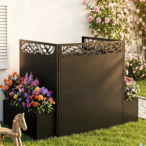 NAVINE Metal Air Conditioner Enclosure Fence, 3-Panel Privacy Screen with Planter Box, Black Outdoor Cover for Trash Can/Pool Equipment, 40.7" W x 39.5" H, Garden Buildings Enclosure, Enclosure Garden Buildings