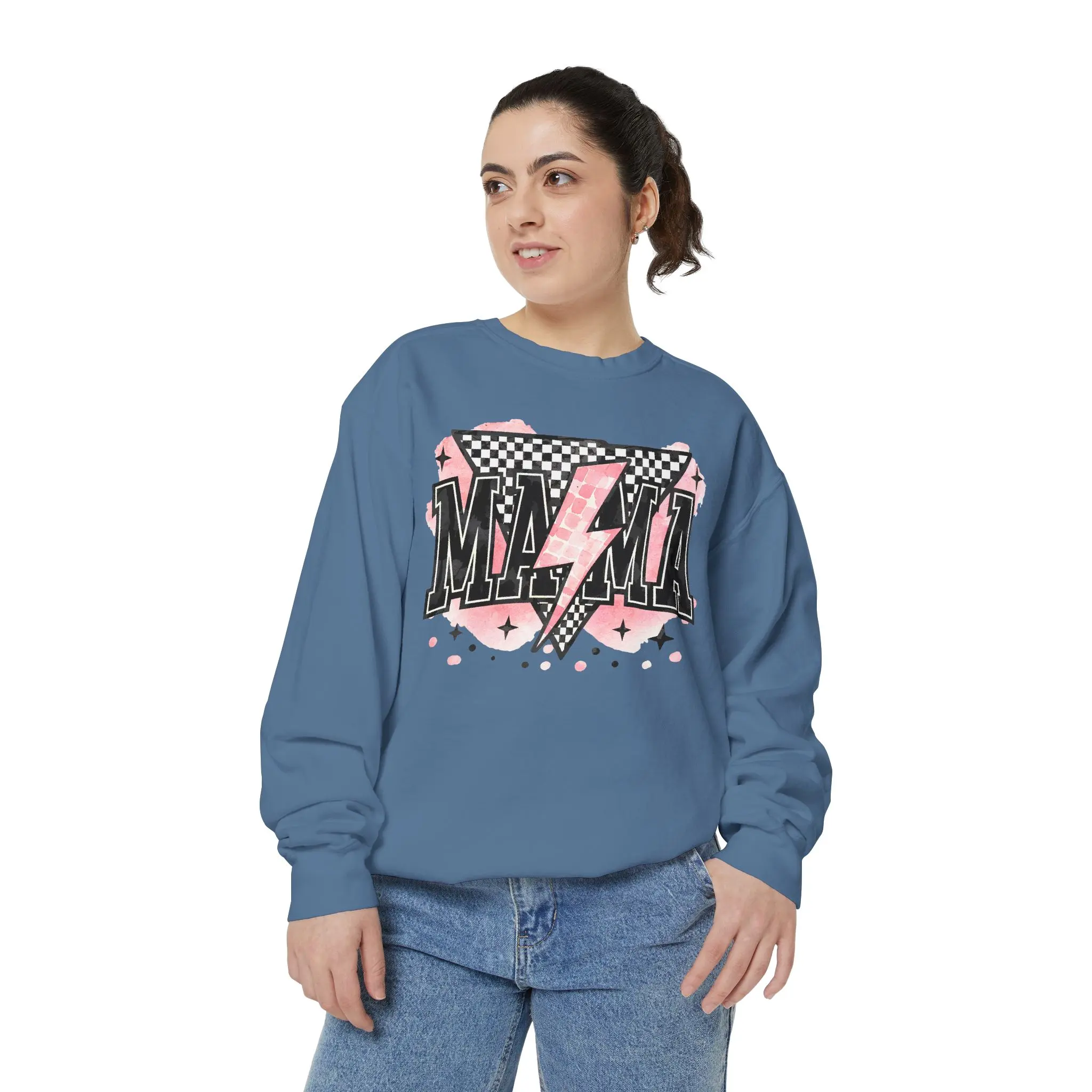 MAMA Lightning Bolt Sweatshirt | Retro Checkered Pink Stars