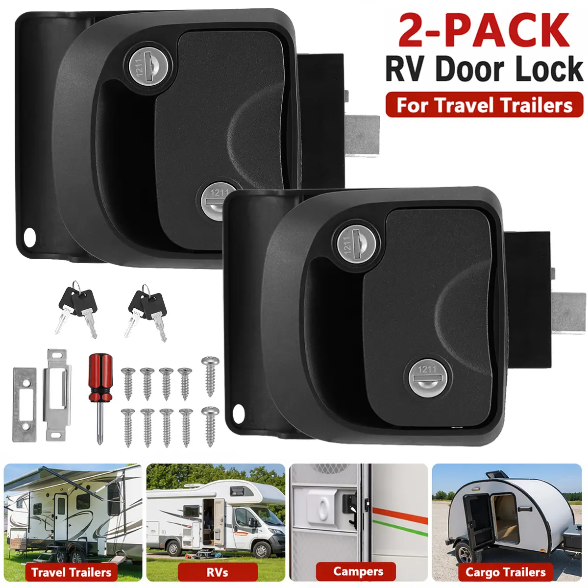 Black RV Paddle Entry Door Lock Latch Handle Full Kit with Deadbolt, Metal Alloy Construction, Additional Sense of Security for Camper, Travel Trailers (2 Pcs)