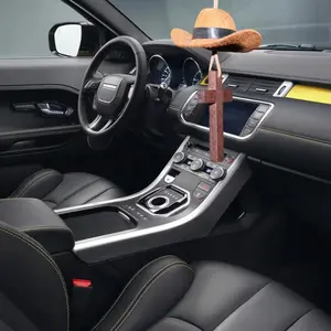 JOYTUTUS Western Style Cowboy Hat Car Pendant Charm for Rear View Mirror Women's Automobile Hanging Decor with Wooden Cross Accent