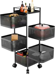 Kitchen Storage Cart, 5-Tier Metal Rolling Carts with Wheels and Basket Rotating Storage Rack, Rolling Snack Cart, for Fruit Potato Onion Vegetable Snack(12.5 * 12.5 * 37.6in) drainage Woven Wicker Storage Basket with Lid perfume makeup grocery trouser