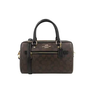 COACH Rowan 27 Boston Bag with Monogram Print, Zipper Closure, Coated Canvas and Smooth Leather, Large Size, Women's, Dark Brown