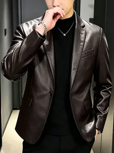 Men's PU Leather Jacket, Slim Fit Single Button Blazer, Business and Casual Wear, Stylish Outerwear for Men