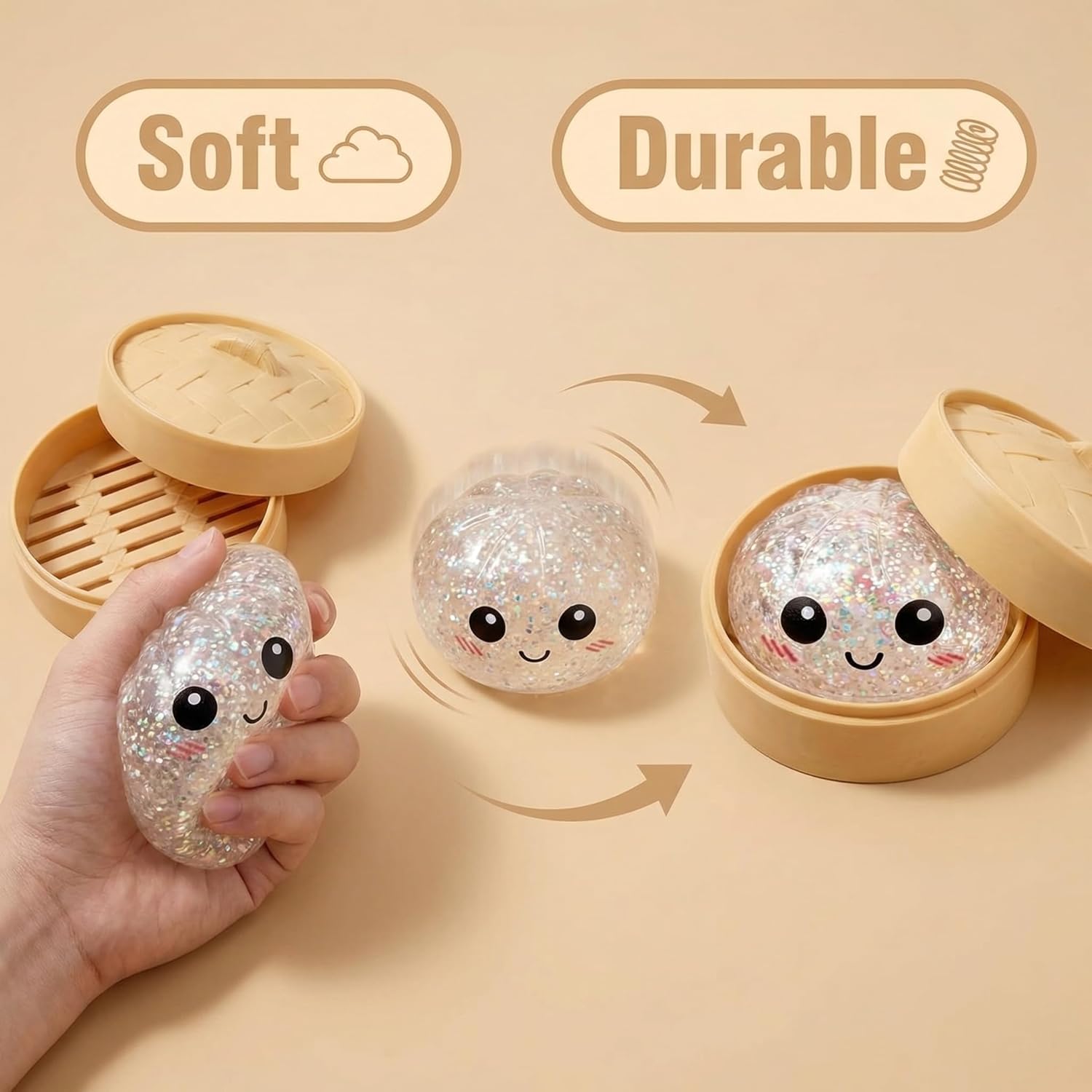 Sparkly Glitter Dumpling Squishy Stress Reliever with Mini Steamer Storage Case – Slow Rebound Tactile Sensory Item for Calming Nerves, Portable On-the-Go Comfort Accessory for All Ages