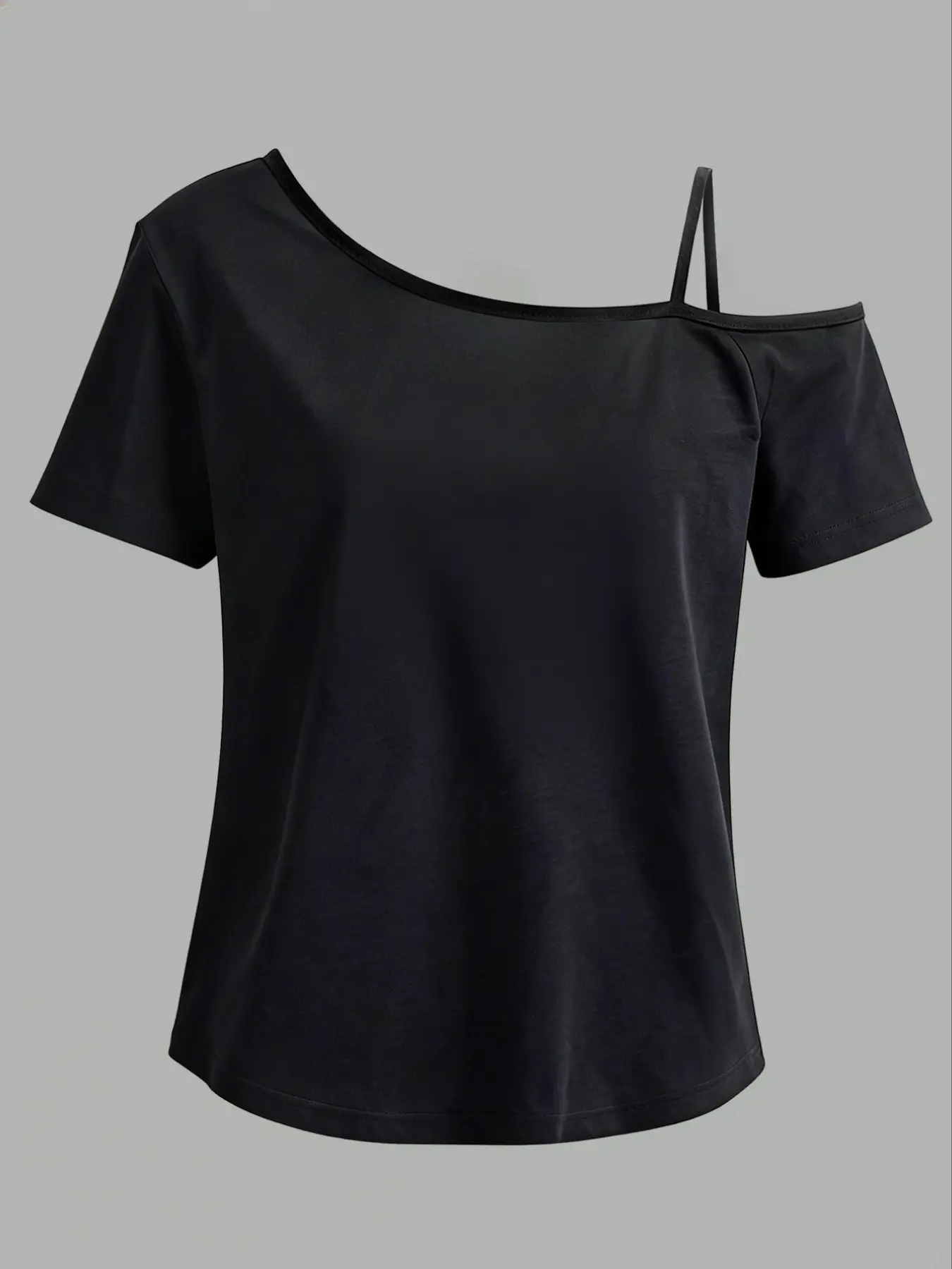 Women's Solid Color Asymmetrical Shoulder Basic T-Shirt, Sexy Off-Shoulder Strap Detail, Casual All-Season Top