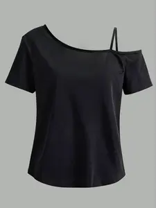 Women's Solid Color Asymmetrical Shoulder T-Shirt, Sexy Off-Shoulder Detail, Casual All-Season Top