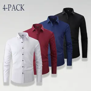 Men’s 4-Pack Embroidered Collar Menswear Long Sleeve Tops, No Iron Needed, Multiple Colors business casual