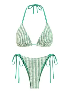 SEAMOLY Two-Piece Striped Bikini Set for Women - Tie-Back Halter Neckline, Padded & Wire-Free, High Stretch Fabric, Summer Beachwear, 2-Piece Swimsuit