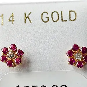 14K Gold Pink Flower Earrings with Zircons Elegant Gold Jewelry Accessory Sparkling Design