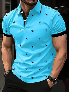 Men's stylish and fashionable Polo shirt - casual light blue, tropical flamingo men's short-sleeved top, polyester fiber, machine washable, knitted fabric, ideal choice for casual wear