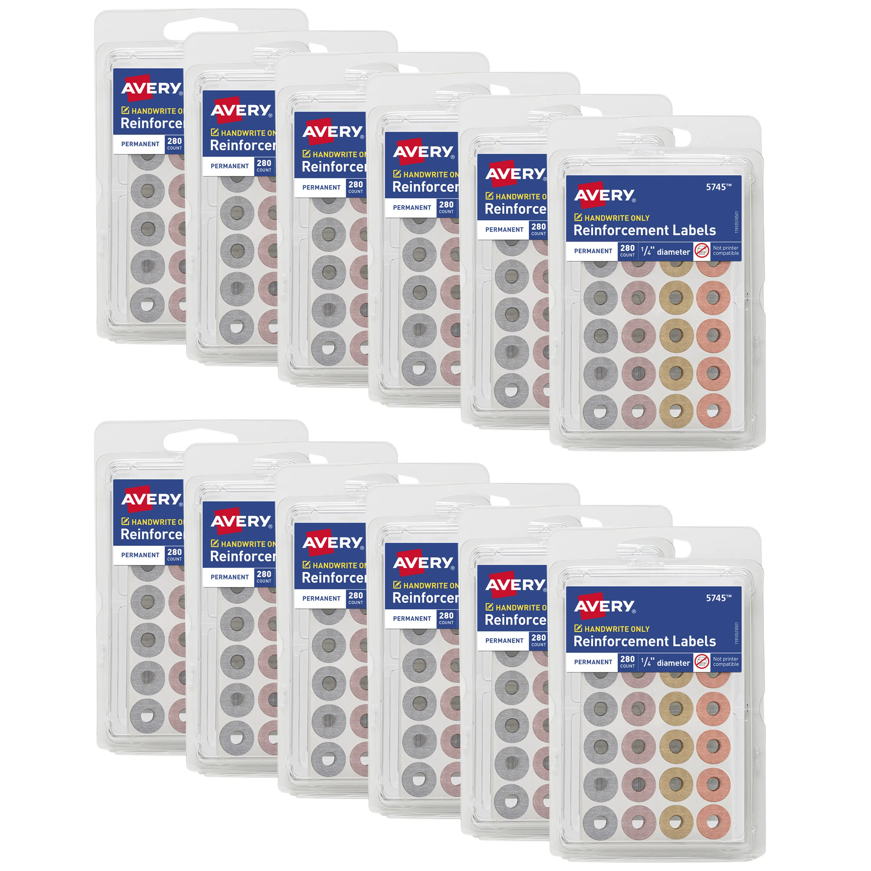 Avery Reinforcement Labels, 1/4" Diameter, Permanent Adhesive, Assorted Metallic Colors, Non-Printable, 12 Packs, 3,360 Page Reinforcement Stickers (21920)
