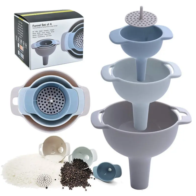 4-in-1 Kitchen Funnel & Strainer Set Multi Size Plastic Funnels for Oil Liquid Powder Transfer