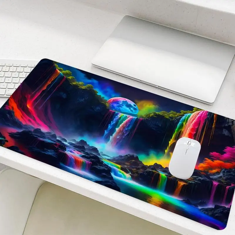 Waterfall Pattern Mouse Pad, Rectangle Gaming Mouse Pad, Non-Slip Rubber Base Stitched Edge Desk Pad for Home Office Game Room
