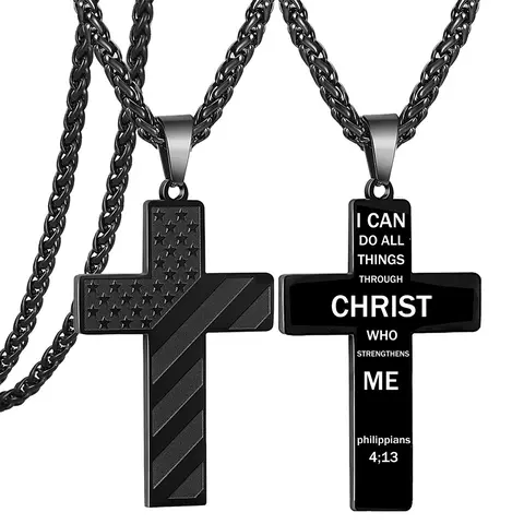 22-Inch Stainless Steel Cross Necklace with Bible Verse & American Flag Pendant, Men's Accessories, Fashion Necklaces for Gift