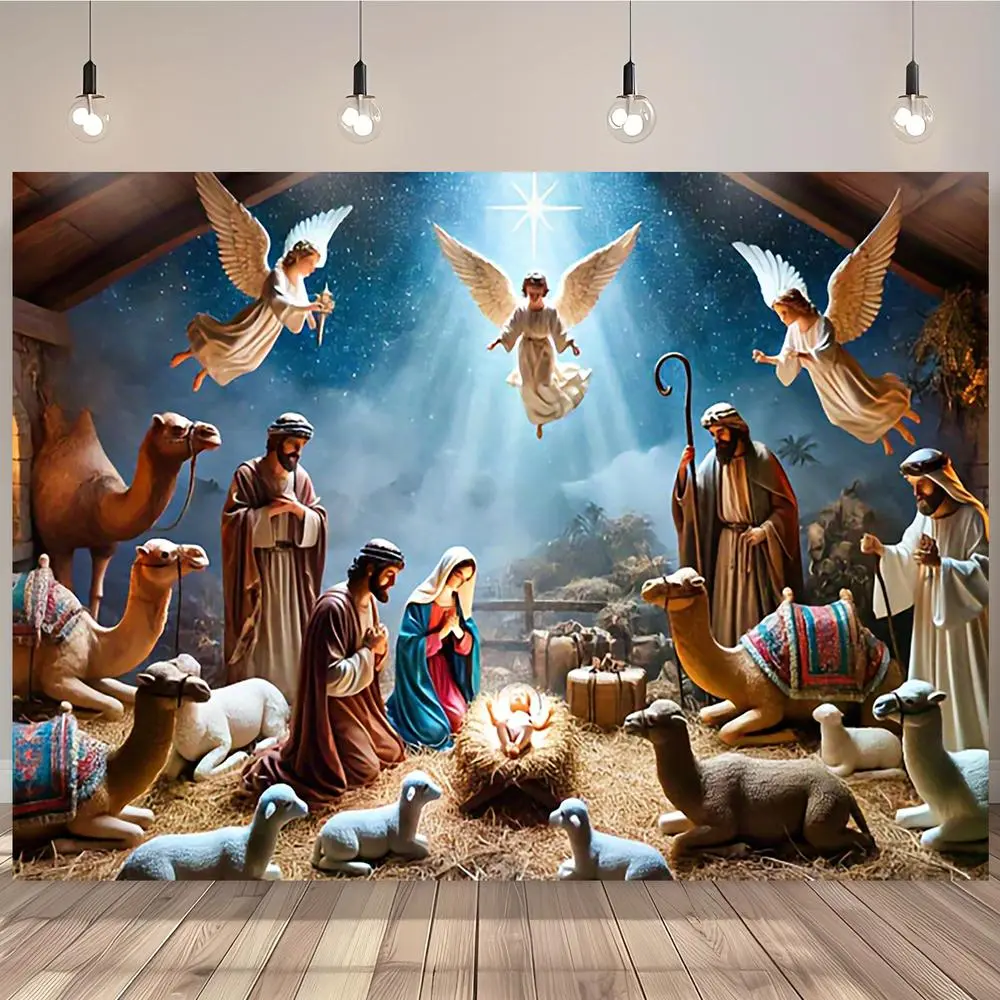 1pc Self-Lit Polyester Nativity Scene Backdrop - 2D Flat Elegant White Banner, Glowing Light, Angels, Virgin Mary, Joseph, Baby Jesus, Large Stable, Starry Night Sky for Church Events
