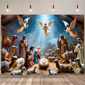 1pc 2D Flat Elegant Nativity Scene Backdrop with Angels, Virgin Mary, Joseph & Baby Jesus - Large Stable with Starry Night Sky & Glowing Light - Self-Lit Polyester Cloth for Church Events, C Banners White