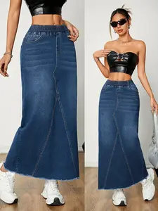JUNBAOSS Women's Casual Stretch Mid Rise Long Denim Skirt Women Pull On Mid-Length Streetwear Denim A Line Skirt Womens Elegant Style Elastic Hip Skirt Flowing Beard Splicing A-shaped Long Skirt FallFreshness