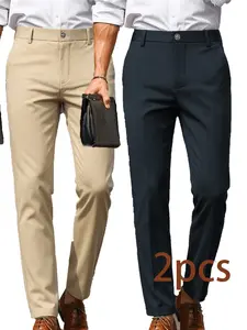 Men's Two-Piece Plain Dress Pants, Loose Straight Leg Elastic Fit, Wrinkle-Resistant, All Seasons, Business & Casual Style