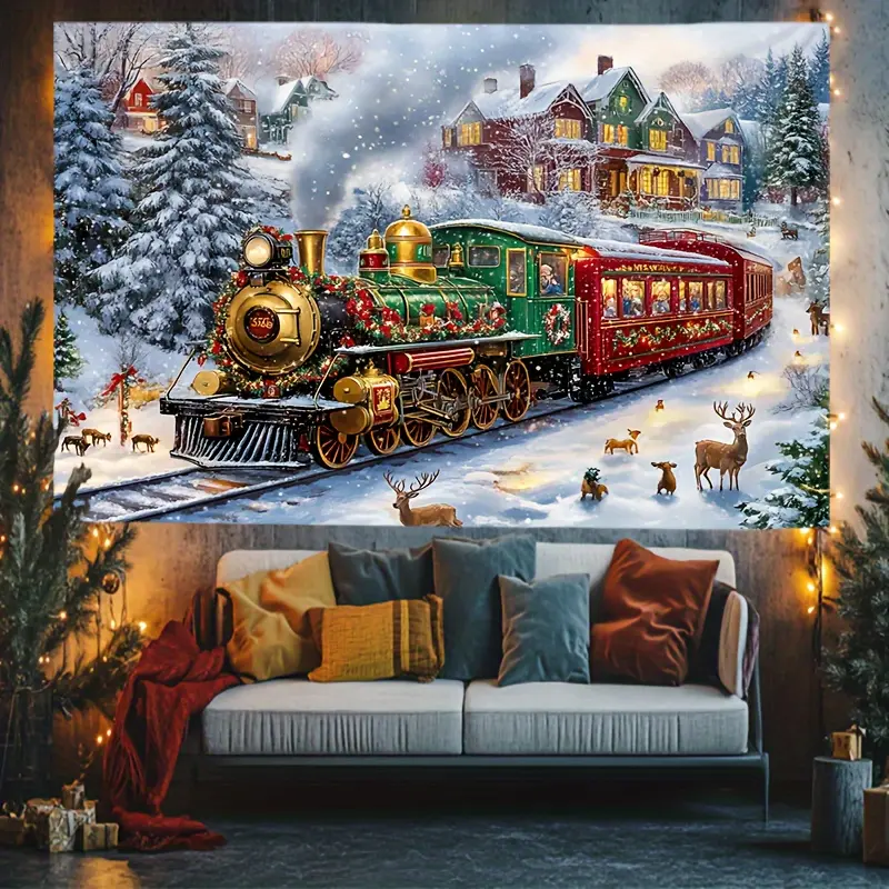 Christmas Wall Hanging Tapestry - Cordless Synthetic Arctic Express Train Snow Scene Decor, 30*40in Single-Piece Square Backdrop with Santa & Reindeer, All Seasons Indoor-Outdoor Home Decor, Other Holiday Accent No Power Supply Needed, Hangable
