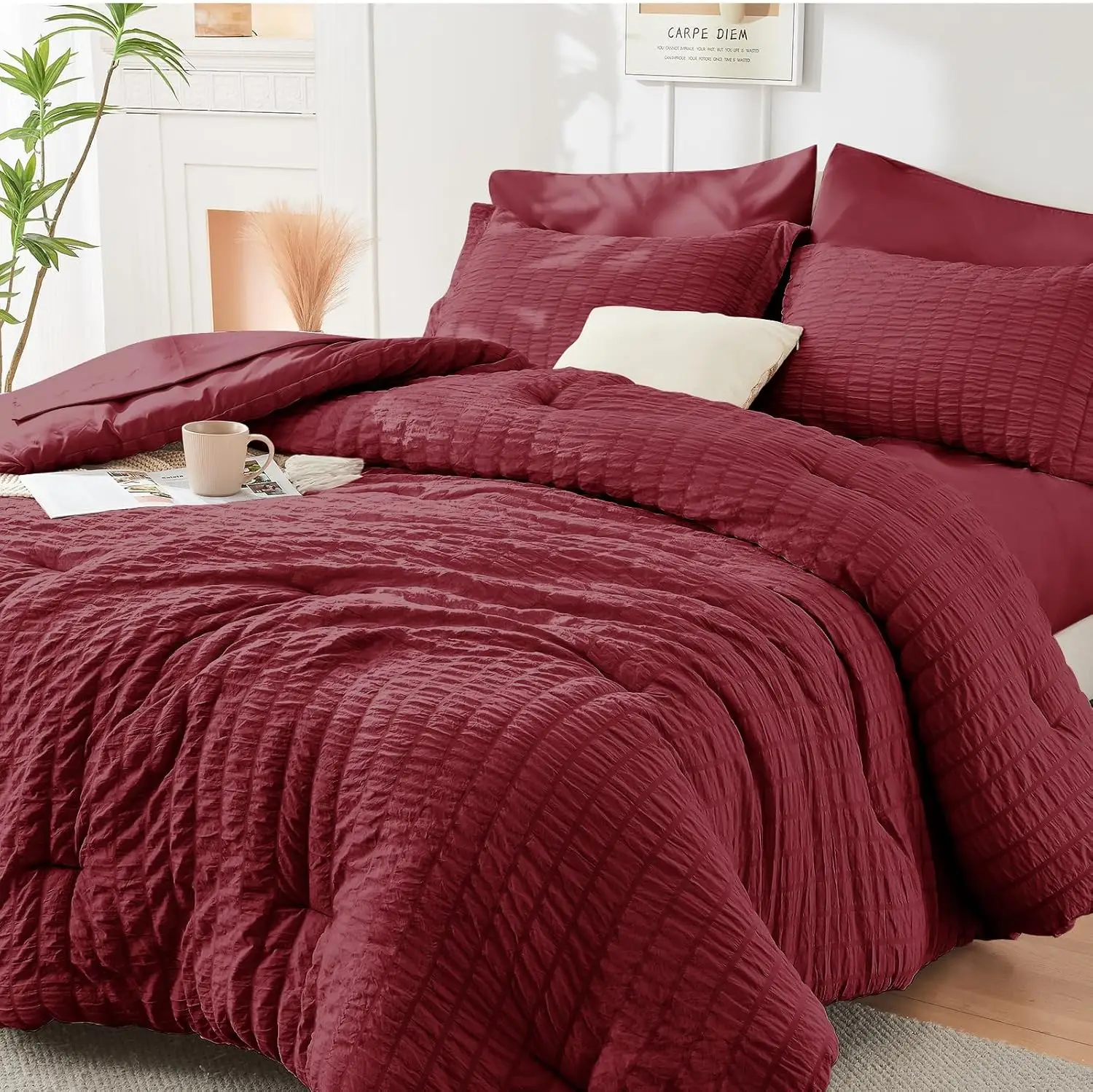 Premium 7-Piece Bedding Set for Year-Round Comfort! Burgundy Seersucker 7 Pieces, All Season Luxury Bed in a Bag for Bedroom, Bedding Set with Comfort