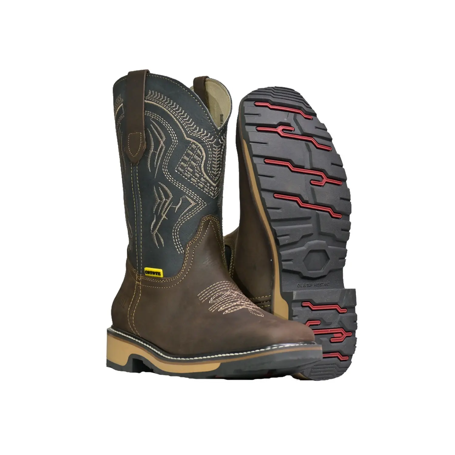Men's western style work boots genuine leather Dual Density oil resistant soft toe square toe / Botas de trabajo estilo rodeo anti deslizantes ligeras