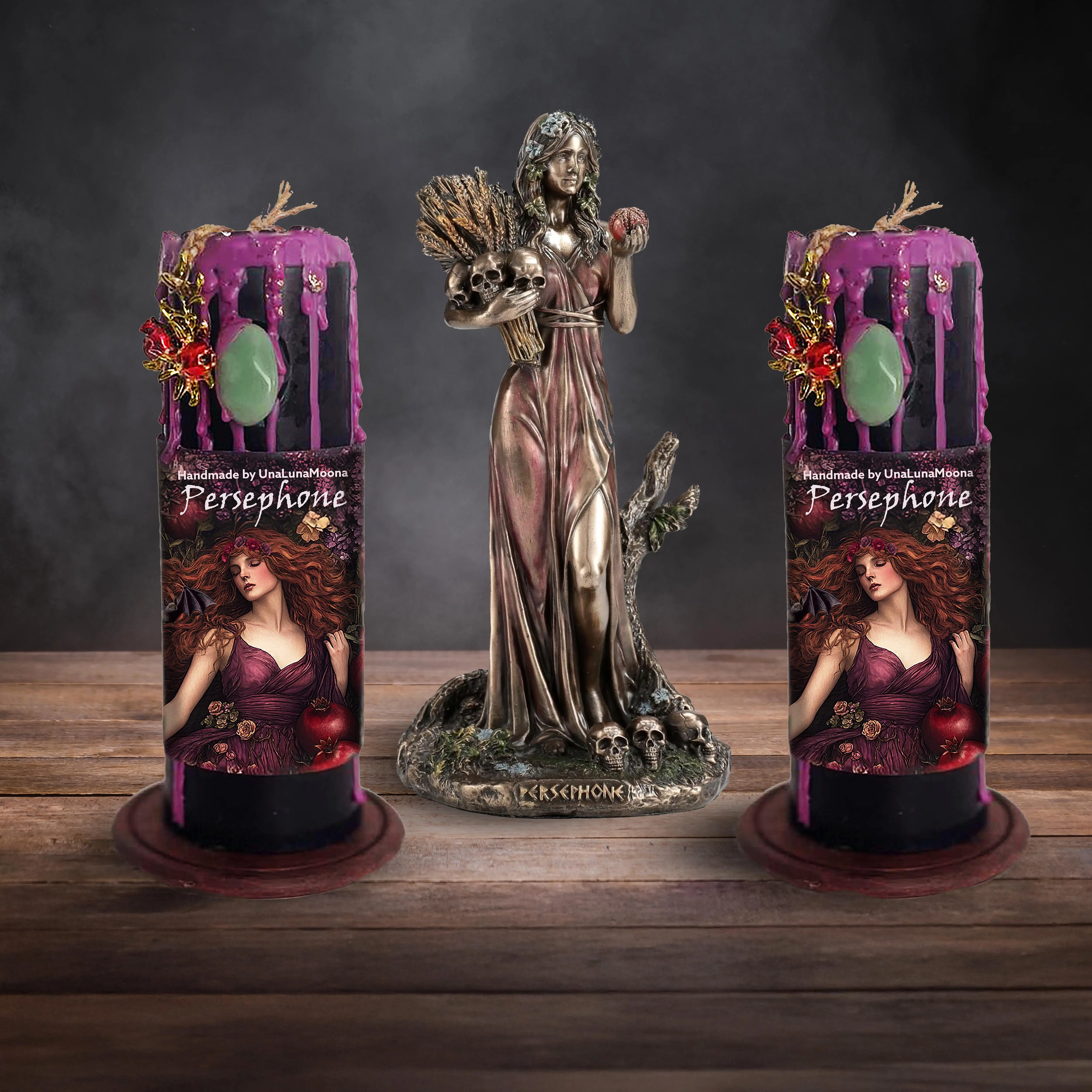 UnaLunaMoona Persephone Candle - Handcrafted Witchcraft Candle with pomegranate charm, Green Aventurine, dressed with Herbs and oils for Altar and Rituals - Floral, Light, Gift, Decor Decoration Deity Candle