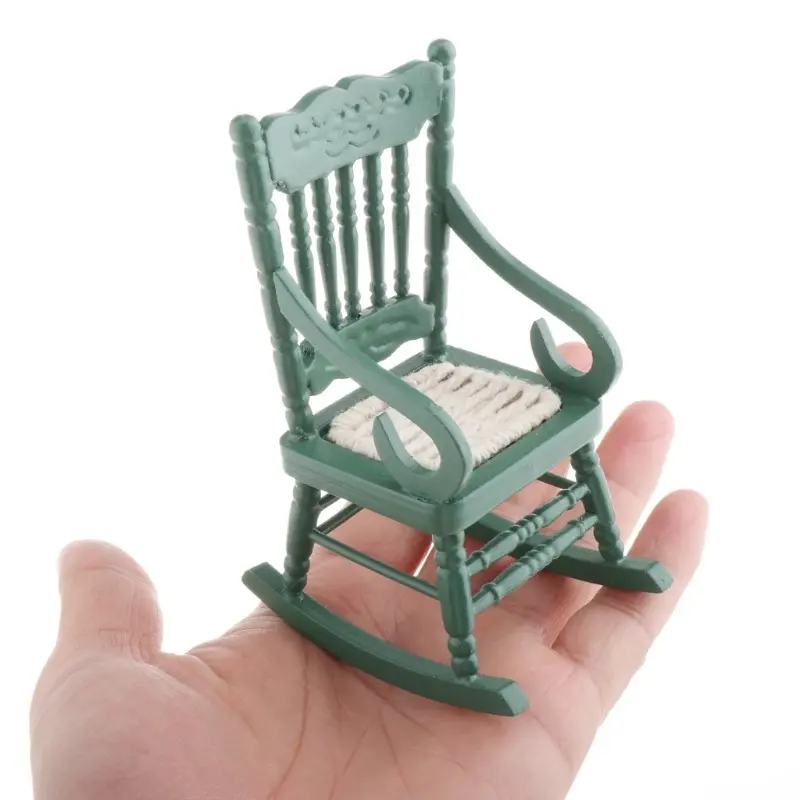 1pc Wooden Green Mini Rocking Chair White Woven Rocker with Armrests Creative Home Desk Decor Scene Photo Prop Christmas Easter New Year Gift Cute Chair