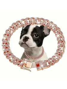 1PCS Dog Chain Collar with Cubic Zirconia Cuban Link 13mm Wide Metal Cat Collar Pet Crystal Jewelry for Small Medium Large Dogs Cats Sparkling Cool Cuban Chain Inlaid with Artificial Diamonds