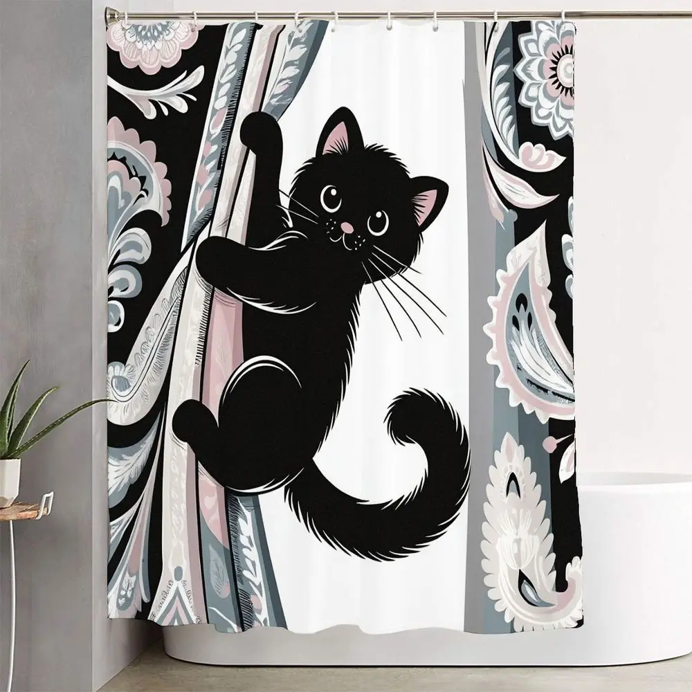 1/4pcs Black Cat & Floral Paisley Bathroom Set - Shower Curtain Sets with Climbing Cats, Matching Bath Mat, Toilet Lid Cover, Small Rug - Decor for Easter, Halloween, Home Living, Modern Bathroom Design, Bathroom Decoration, Bathroom Decor And Accessories