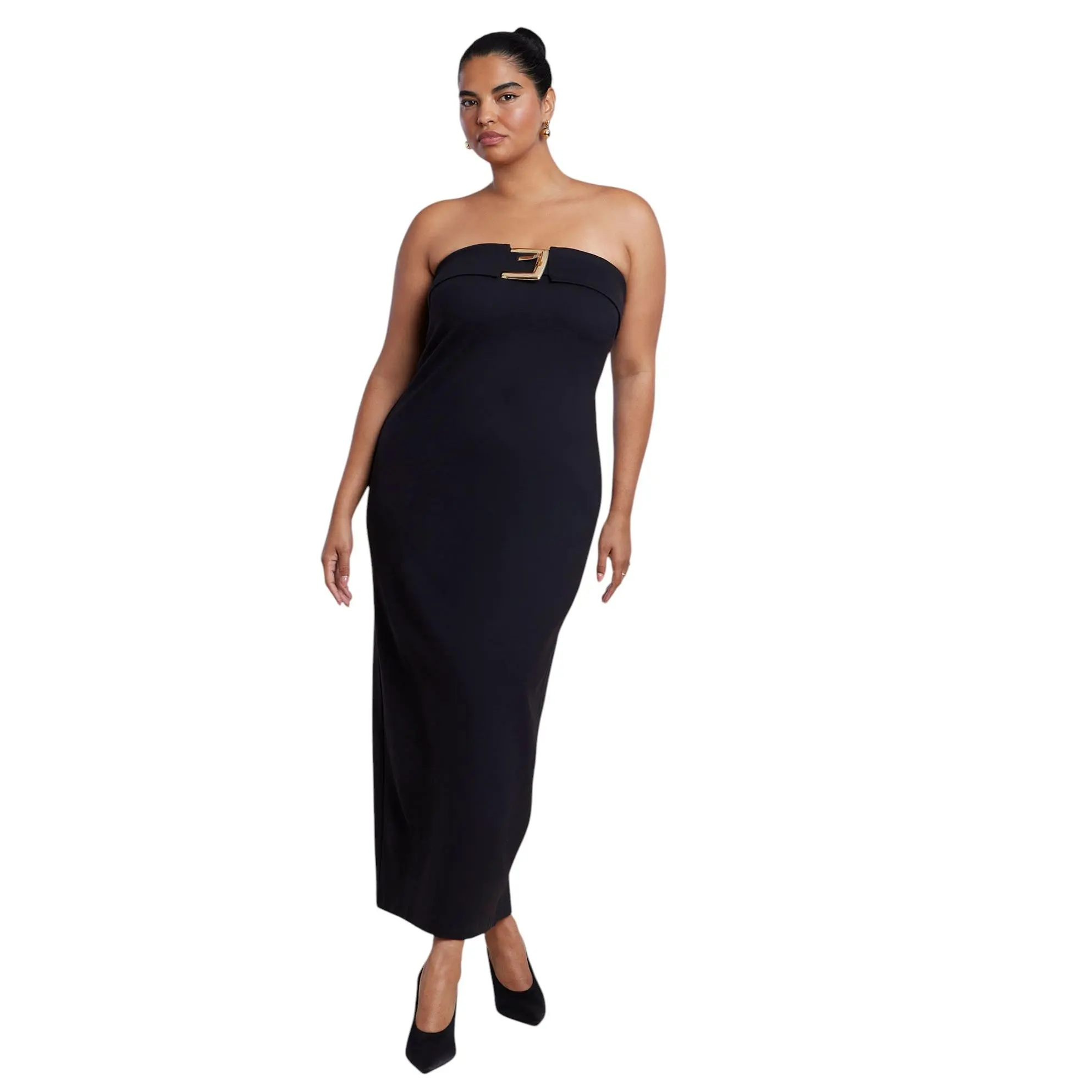 ELOQUII Women's Plus Size Buckle Detail Strapless Knit Maxi Dress
