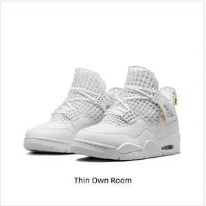 All White Gold Accent Grid Cage Mid Top Retro Basketball Sneakers Unisex Street Trainers