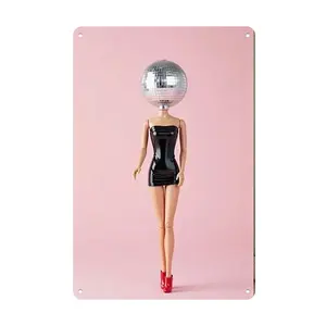 1pc Barbie Doll in Black Dress with Red Shoes & Silver Disco Ball Accessory on Pink Background Metal Tin Sign - Rustic Iron Wall Art for Home, Office, Cafe, Bar, and Garage Decor - Easy to Hang, Versatile for Holiday and Seasonal Decorations