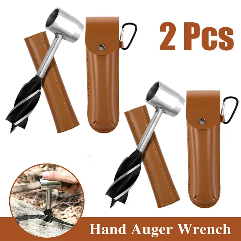 2 Pack Stainless Steel Hand Auger, Scotch Eye Bushcraft Survival Tool, Self-Tapping Drill for Camping & EDC with PU Leather Sheath, Survival Equipment, Prepper Gear And Supplies, Handyman, Outdoor Activities, Convenient For Manual Drilling